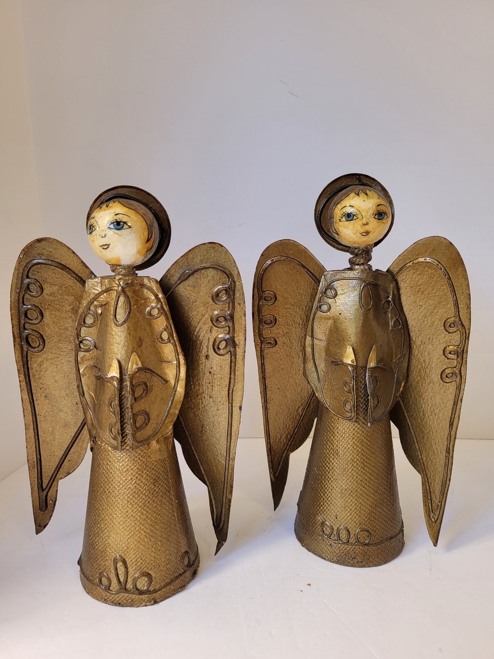 2 Vintage 1960s De Sela Paper Mache Gold Angels Mexico